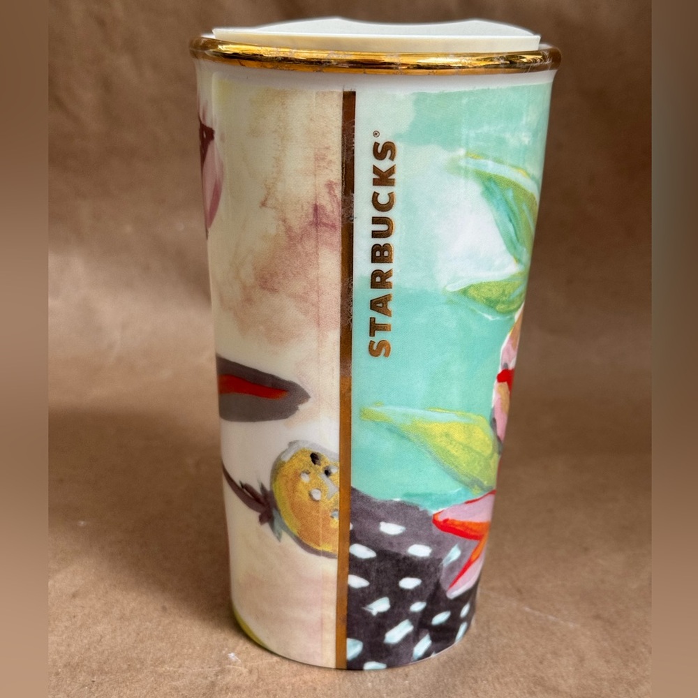 Starbucks 2014 Watercolour Floral Ceramic Insulated Tumbler w Cream Lid. 10oz